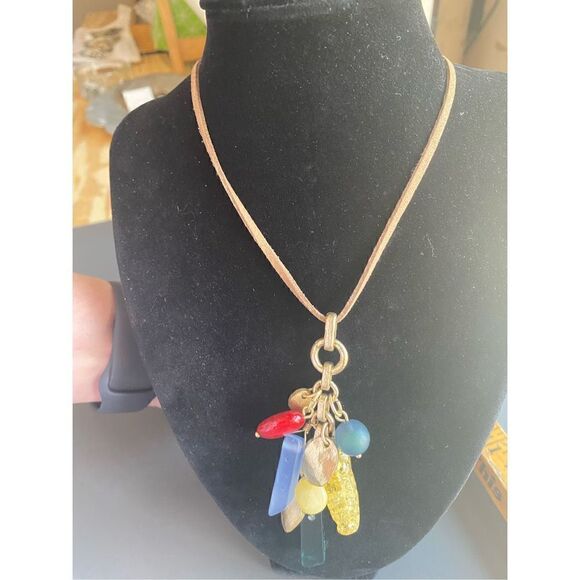 CHICO’S MULTI GEM AND ANTIQUE GOLD PENDANTS ON LONG TAN LEATHER CHAIN NECKLACE - Picture 7 of 8